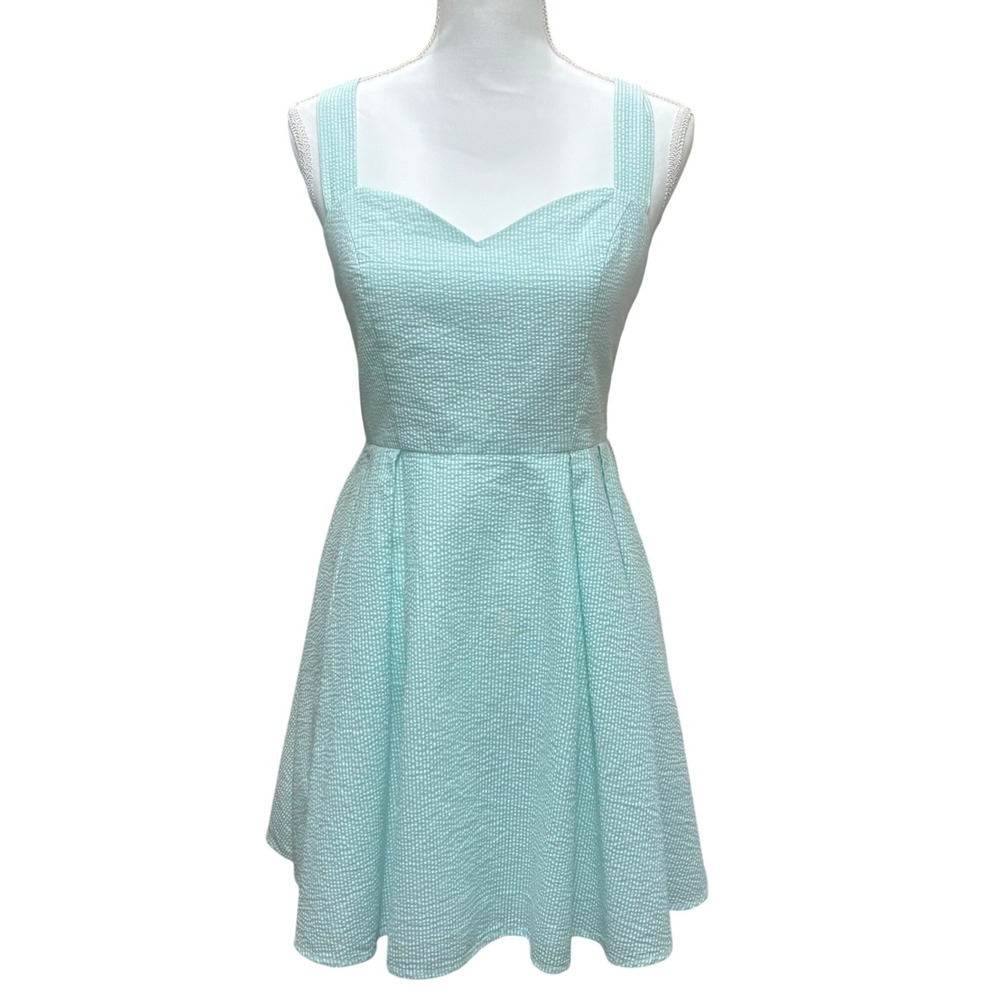 Lauren James Dress Medium Mint Green Seersucker Bow Back Sweetheart Babydoll